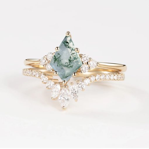 Gold 14K 18K Moss Agate Engagement Ring Set - Image 2
