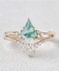 Gold 14K 18K Moss Agate Engagement Ring Set