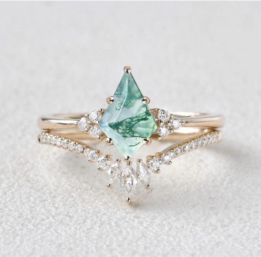 Gold 14K 18K Moss Agate Engagement Ring Set