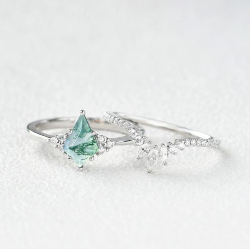 Gold 14K 18K Moss Agate Engagement Ring Set - Image 4