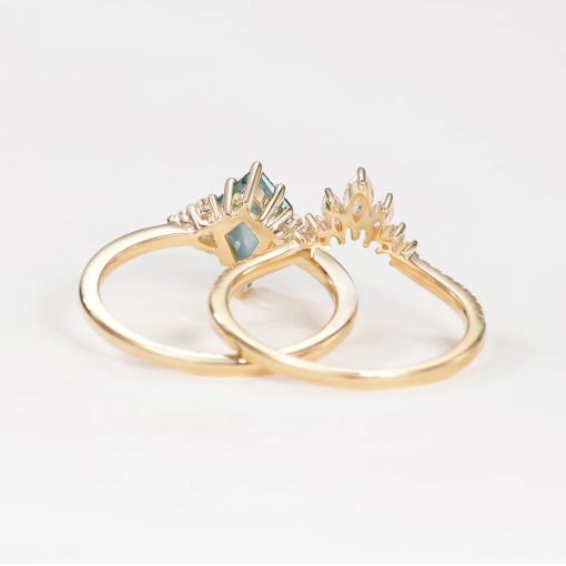 Gold 14K 18K Moss Agate Engagement Ring Set - Image 3