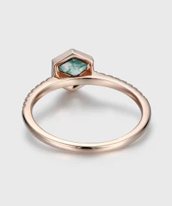 Rear view of hexagon moss agate ring showing open gemstone setting