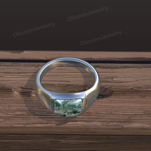 Custom Moss Agate Signet Ring for Men – 14K/18K Gold or Sterling Silver – Personalized Initial Option - Image 7