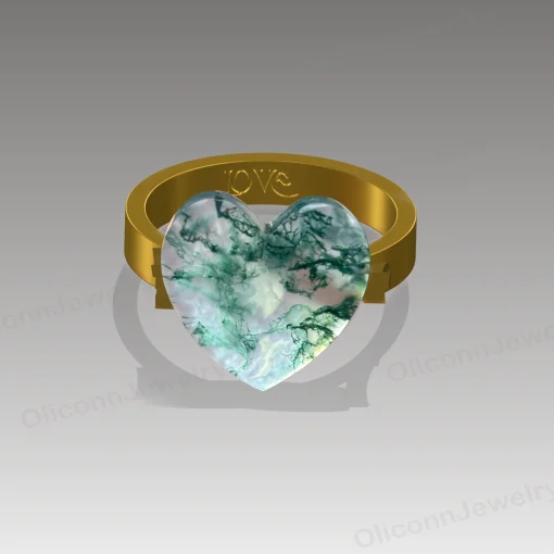 Personalized Heart Moss Agate Ring – Double Initial Design in 14K/18K Gold or Sterling Silver - Image 2