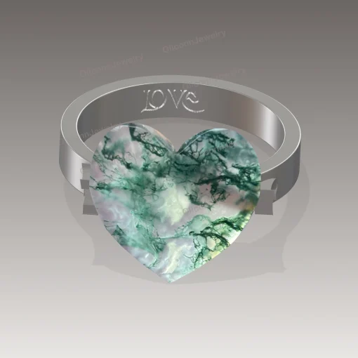 Personalized Heart Moss Agate Ring – Double Initial Design in 14K/18K Gold or Sterling Silver - Image 3