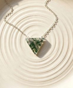 Minimalist Moss Agate Triangle Necklace, Natural Moss Agate Pendant, Geometric Gemstone Necklace, Nature Inspired Gift for Her