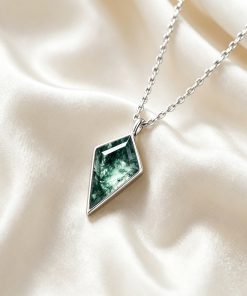 Kite Moss Agate Pendant Necklace, Natural Moss Agate Jewelry, Sterling Silver Pendant, Forest Stone Necklace, Handmade Gift for Her