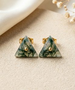 Triangle Moss Agate Stud Earrings, Sterling Silver or 10K 14K Gold, Natural Moss Agate Earrings, Forest Jewelry, Woodland Gift for Her