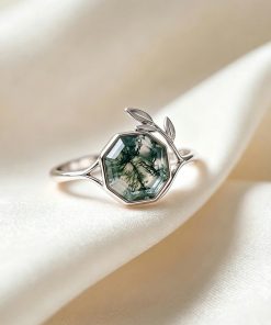 Hexagon Moss Agate Ring Sterling Silver Nature Inspired Leaf Engagement Ring Hexagonal Green Agate Promise Ring 10k 14k Gold Bridal Ring