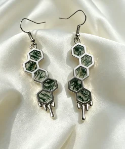 Honeycomb Moss Agate Dangle Earrings, Sterling Silver Forest Earrings, Handmade Nature Jewelry, Hexagon Moss Agate Gift for Her
