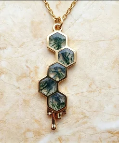 Moss Agate Honeycomb Necklace, Sterling Silver Forest Pendant, Handmade Nature Inspired Jewelry, Hexagon Gemstone Necklace, Gift for Her