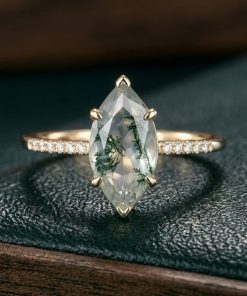 Marquise Moss Agate Ring, Forest Engagement Ring, Nature Inspired Ring, 925 Sterling Silver, 10K 14K Gold, Handmade Promise Ring