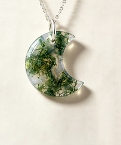 Natural Moss Agate Crescent Moon Necklace – Handmade Forest Pendant