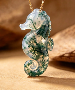 Hand Carved Natural Moss Agate Seahorse Pendant Necklace