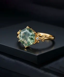 Natural hexagon moss agate vine engagement ring