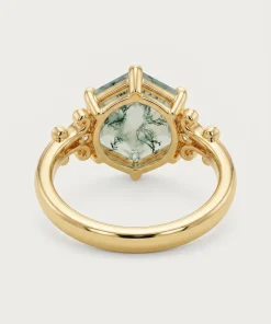 Rear view of gold hexagon moss agate vine ring