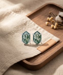 Hexagon Moss Agate Stud Earrings, Sterling Silver Earrings, Forest Jewelry, Nature Inspired Gift for Her, Handmade Gemstone Studs
