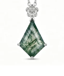 Front view of kite moss agate necklace with flower-shaped pendant loop