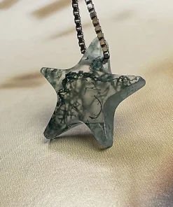 Five-pointed moss agate star pendant suspended from a box chain
