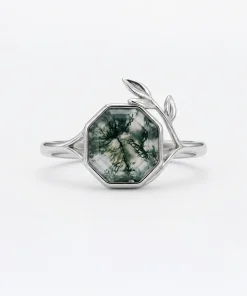 Front view of hexagon moss agate ring with leaf and branch details