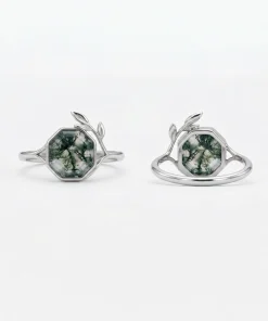 Front and rear views of hexagon moss agate botanical leaf ring