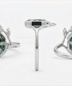 Front, side and rear views of hexagon moss agate leaf ring settings
