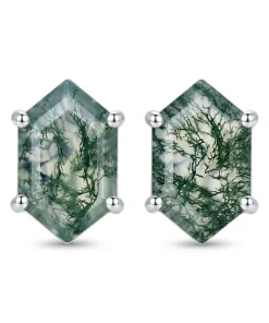 Front view of hexagon moss agate studs showing branching green inclusions