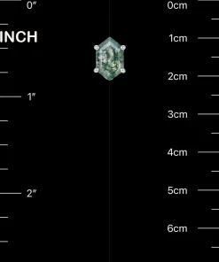 Hexagon moss agate stud beside inch and centimeter scale markings