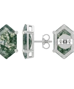 Front, side and back views of hexagon moss agate studs with posts and butterfly backs