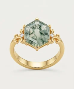 Front view of hexagon moss agate vine ring with clear accent stones