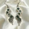 Honeycomb moss agate dangle earrings with five hexagonal stones on each ear hook