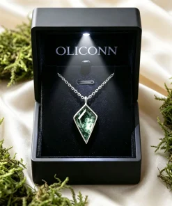 Kite moss agate pendant displayed in an open OLICONN jewelry box