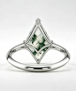 Rear view of kite moss agate ring showing its open basket and split shoulders