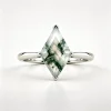 Front view of silver-tone kite moss agate ring with split shoulders