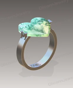 Angled design rendering of heart moss agate ring showing band and raised stone