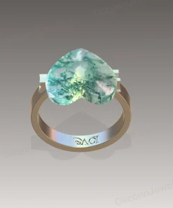 Rear design rendering of heart moss agate ring showing stone and interior band
