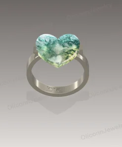 Front design rendering of heart moss agate ring with rounded polished band