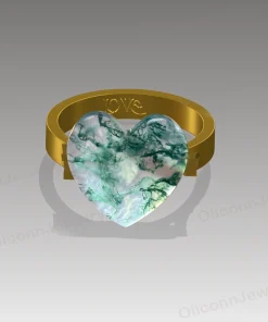 Design rendering of heart moss agate ring with a yellow-gold-colored band