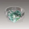 Design rendering of a heart moss agate ring with a silver-colored band and interior engraving