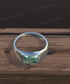 Front design rendering of moss agate signet ring with rectangular gemstone