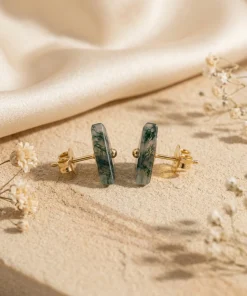 Side and back view of triangle moss agate studs showing posts and butterfly backs