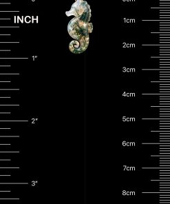 Moss agate seahorse pendant size guide with inch and centimeter ruler