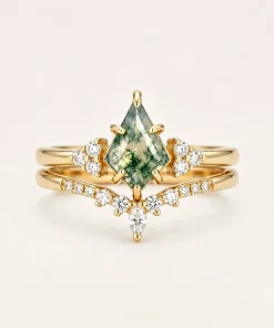 Hexagon Moss Agate Wedding Ring Set, Nature Inspired Engagement Ring, Lab Grown Diamond Bridal Set, 14K 18K Gold Stacking Ring