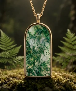 Reverse view of Forest Gate moss agate pendant in gold