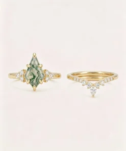 Hexagon moss agate engagement ring beside its matching diamond band