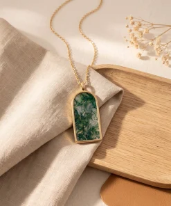 Forest Gate Moss Agate Pendant Necklace, Natural Moss Agate Gold Necklace, Nature Inspired Jewelry, Handmade Forest Stone Gift for Her