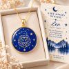 Leo zodiac necklace featuring a polished natural lapis lazuli pendant with gold Leo constellation design, displayed in an ivory jewelry box with a matching zodiac gift card
