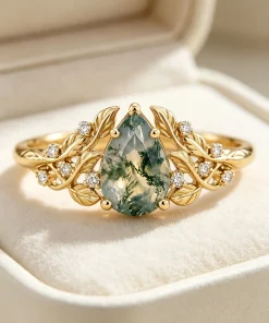 Nature Leaf Moss Agate Engagement Ring in Solid 14K & 18K Gold