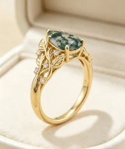 Alternative view of Nature Leaf Moss Agate Engagement Ring in Solid 14K & 18K Gold