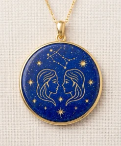 Gemini Zodiac Natural Lapis Lazuli Hand-Carved Pendant Necklace